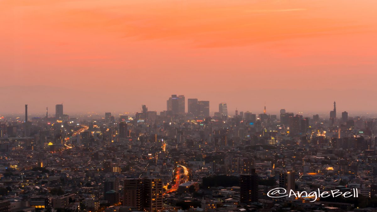 東山スカイタワー 展望室から見る名古屋駅方面と夕日