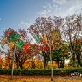 白川公園の黄葉と モニュメント 傾くかたち ― 四角柱と「風のまつり」