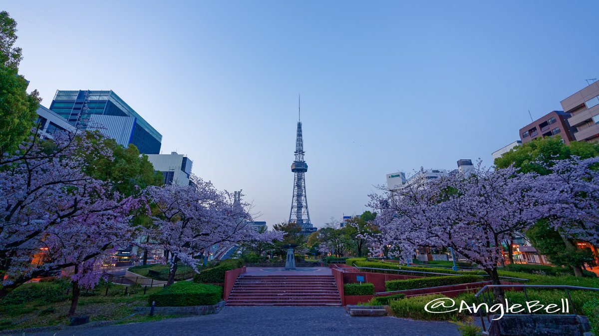 早朝 いこいの広場から見た名古屋テレビ塔と白頭鷲の像  March 2018